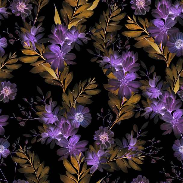異なる紫色の花と野生のハーブの水彩パターン. イラストレーション - 写真・画像