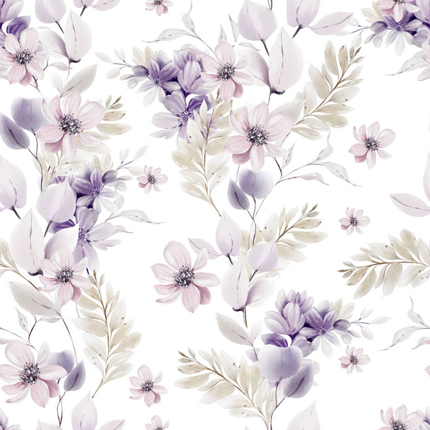 Aquarel patroon met de paarse, roze bloemen en wilde kruiden. Illustratie - Foto, afbeelding