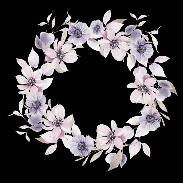 Aquarell Hochzeitskranz mit Blumen und Blättern. Illustration - Foto, Bild