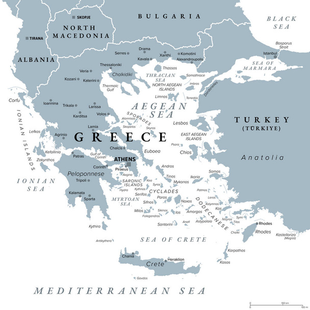 Ελλάδα, Ελληνική Δημοκρατία, γκρίζος πολιτικός χάρτης. Χώρα της Νοτιοανατολικής Ευρώπης στο νότιο άκρο της Βαλκανικής χερσονήσου, με πρωτεύουσα την Αθήνα. Συνορεύει με το Αιγαίο, το Ιόνιο και τη Μεσόγειο. - Διάνυσμα, εικόνα