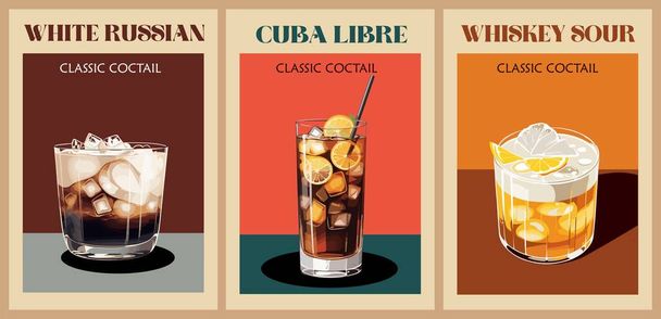 Cocktails retro poster set. Wit Russisch, Cuba Libre, Whiskey Sour. Inzameling van populaire alcoholische dranken. Vintage platte vector illustraties voor bar, pub, restaurant decoratie, keuken muur kunst print - Vector, afbeelding