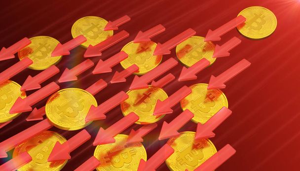 3D ztvárnění zlatých, fyzických Bitcoinových mincí s červenými šipkami - symbolizuje klesající cenu (klesající trend) - obchodní koncept. - Fotografie, Obrázek