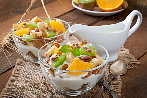 Здоровый десерт с мюсли и фруктами
 - Фото, изображение