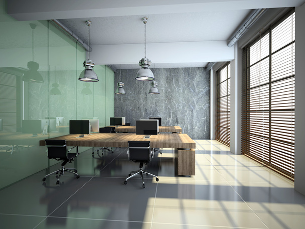 Μοντέρνο γραφείο εσωτερικό με το γυαλί και συγκεκριμένη 3d rendering - Φωτογραφία, εικόνα