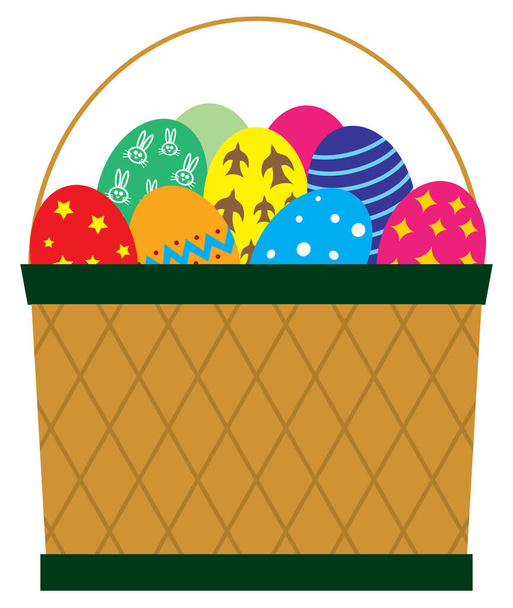 Una canasta llena de coloridos huevos de Pascua está lista para su distribución - Vector, imagen