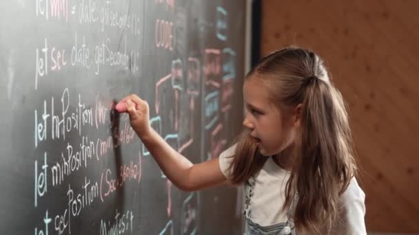 Panorama shot of girl writing engineering prompt on blackboard. Attractive student planing a project by using coding and programing system in STEM technology innovative class. Closeup. Erudition. - Footage, Video