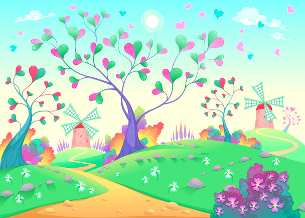 Springy landscape with windmills - Vector, Image