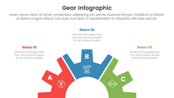 gear cogwheel infographic template banner with half circle on bottom center with 3 point list information for slide presentation vector - Vector, Image