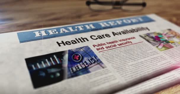 Υγειονομική περίθαλψη διαθεσιμότητα και δημόσια ασφάλιση καθημερινή εφημερίδα στο τραπέζι. Τίτλοι ειδήσεων αφηρημένη έννοια 3d. - Πλάνα, βίντεο