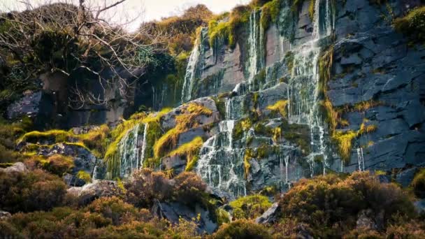 Een waterval loopt langs een rotsachtige klif, omgeven door groen. - Video