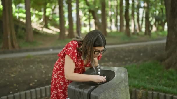 Gyönyörű spanyol nő oltja szomját frissítő itallal a park szökőkútjából, a szemüvege ragyog a nyári csobbanástól! gyönyörű kültéri portré megerősíti az egészséges, hidratáló választás. - Felvétel, videó