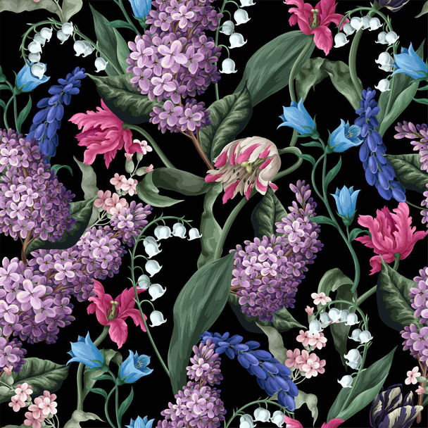 Бесшовный рисунок с тюльпанами, сиренью и другими весенними цветами. Вектор - Вектор,изображение