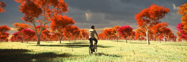 Una scena onirica in cui un ciclista solitario si snoda attraverso un viale di alberi con foglie cremisi irreali sotto un cielo tempestoso. - Foto, immagini
