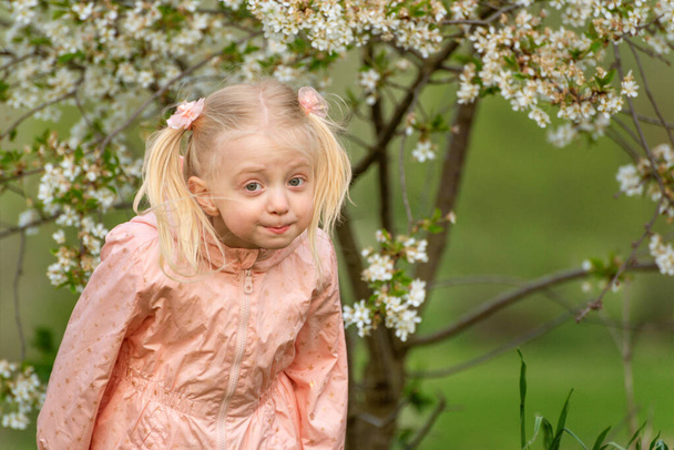 Ritratto di bambina sorpresa o frustrata fuori vicino all'albero fiorito con una strana smorfia sul viso. Giornata di primavera. - Foto, immagini