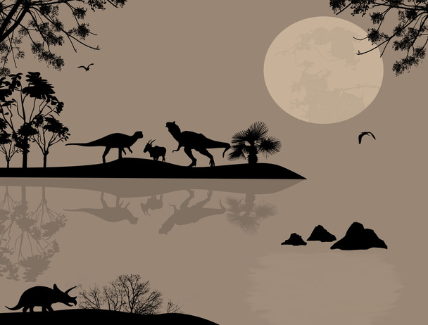 Dinosaurs silhouettes in beautiful landscape  - Vector, Image