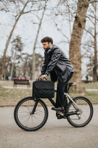 Przystojny biznesmen w skórzanej kurtce ze słuchawkami na rowerze z teczką, pracujący zdalnie w miejskim parku. - Zdjęcie, obraz