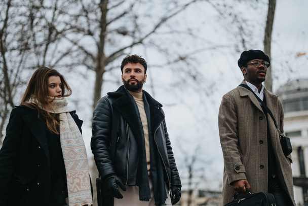 Eine multikulturelle Gruppe von Geschäftskollegen in stylischer Winterkleidung wird dabei eingefangen, wie sie im urbanen Umfeld im Freien eine Diskussion führt. - Foto, Bild
