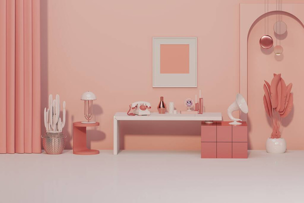 Stylowy salon brzoskwiniowy dźwięk wnętrza pokoju nowoczesne mieszkanie i modne meble, stół na podłodze dywan i koralowy różowy eleganckie akcesoria z dekoracji sztuki, zegar, lampa. 3d renderowanie - Zdjęcie, obraz