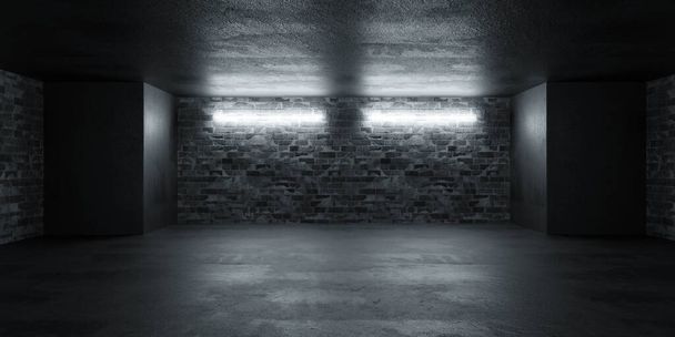 A dimly lit room is illuminated by faint light filtering through a small window, casting shadows on the rough texture of a brick wall. The room appears empty, with minimal furniture and a dusty floor. - Photo, Image