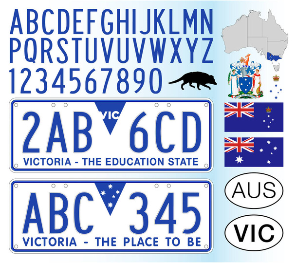 Victoria State australská poznávací značka vzor, písmena, čísla a symboly, vektorová ilustrace, Austrálie - Vektor, obrázek