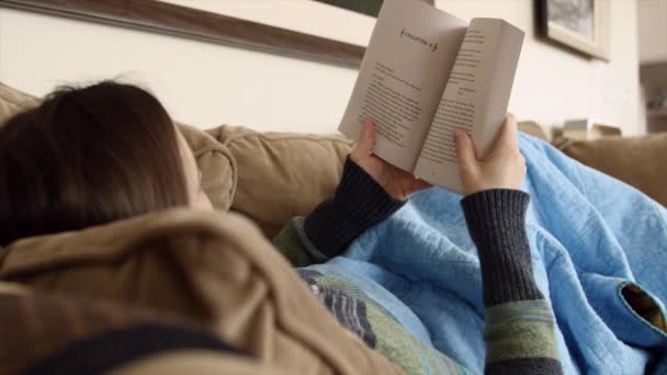 Woman reads bookon a couch - Záběry, video