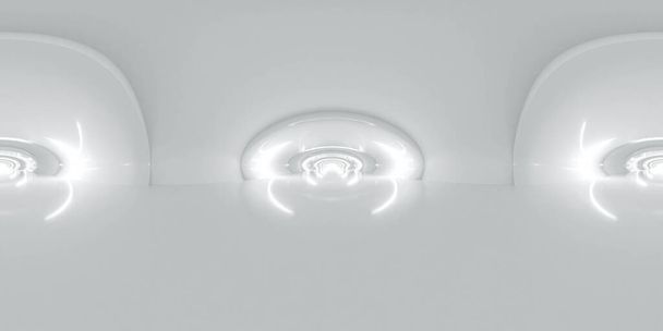 白い長い抽象的なデザインのトンネルで,一連のリセッションされたライト,柔らかい光をキャストし,抽象的なモノクロビジュアルを作成します. 平方形360度パノラマVRバーチャルリアリティコンテンツ - 写真・画像