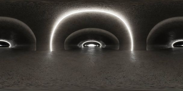 Una fotografía en blanco y negro de un túnel que se extiende a lo lejos, con luz al final creando contraste contra las paredes oscuras. equirectangular 360 grados panorama vr contenido de realidad virtual - Foto, Imagen