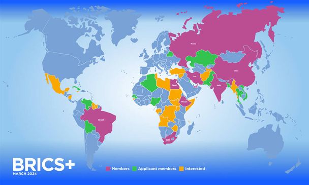 BRICS országok térképe a március 2024 az új tagok, nemzetközi gazdasági szervezet, vektor illusztráció - Vektor, kép