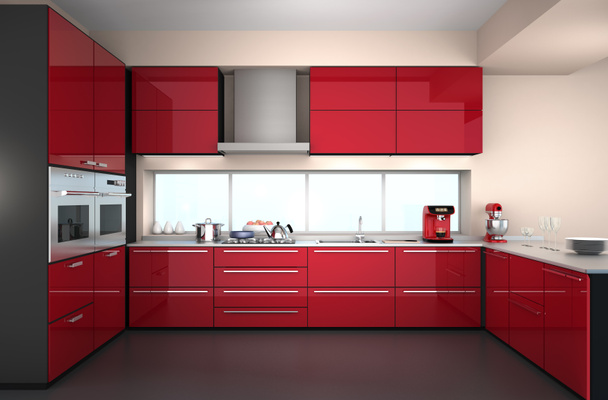 Interior de la cocina moderna con cafetera elegante, mezclador de alimentos. Tema Color rojo
. - Foto, imagen