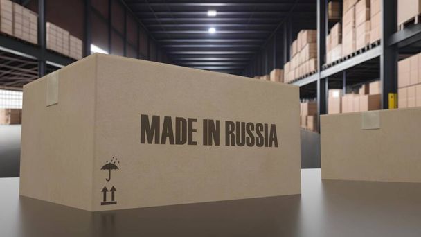 Boîtes avec texte MADE IN RUSSIA sur convoyeur. Illustration 3d. - Photo, image