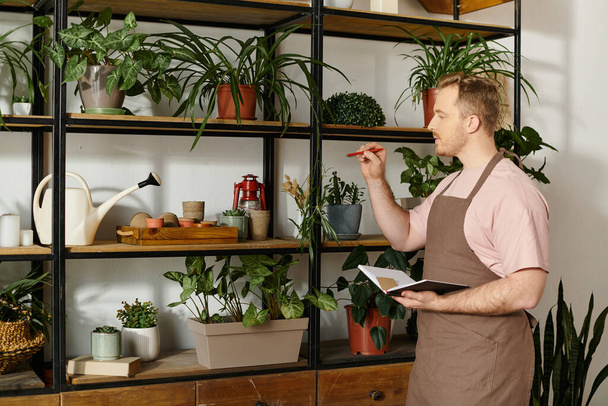 Ein Mann steht stolz inmitten einer üppigen Sammlung von Topfpflanzen in seinem kleinen Geschäft Blumenladen. - Foto, Bild