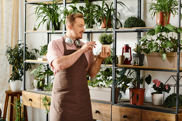 Egy férfi áll egy polc előtt, tele különböző cserepes növényekkel egy kis gyárban, megtestesítve a természet és a vállalkozói szellem lényegét.. - Fotó, kép