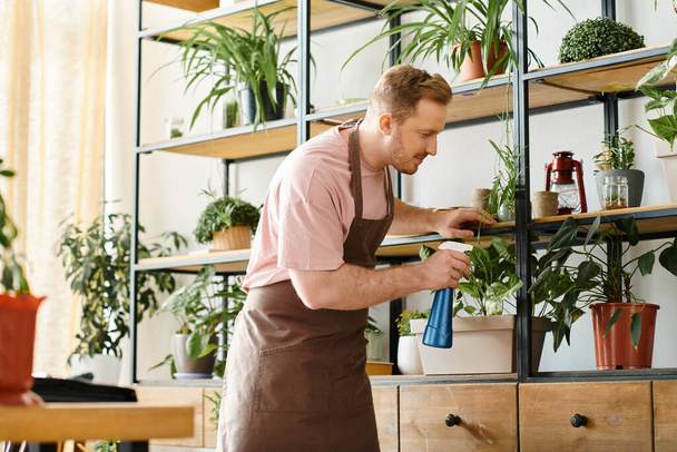 Muž v zástěře láskyplně pečuje o své rostliny, vytváří svěží oázu ve svém vlastním obchodě. - Fotografie, Obrázek