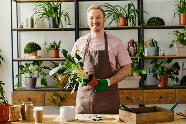 Un bell'uomo in grembiule che tiene una pianta in vaso in un negozio di piante, mostrando la bellezza di possedere una piccola impresa. - Foto, immagini