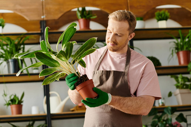 Een man wiegt teder een potplant in zijn handen, toont zijn zorg en toewijding aan zijn botanische ambacht. - Foto, afbeelding