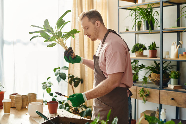 Un uomo tiene amorevolmente in mano una pianta in vaso, mostrando la sua passione per il verde e la natura che nutre. - Foto, immagini