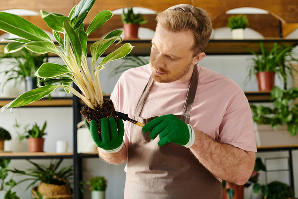 Een man wiegt een plant in zijn handen, toont zorg en verbinding met de natuur in een plantenwinkel omgeving. - Foto, afbeelding