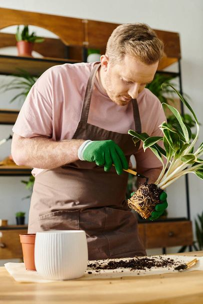 Красивый мужчина в фартуке осторожно ухаживает за растением в своем магазине, воплощая суть малого бизнеса и собственную бизнес-концепцию.. - Фото, изображение