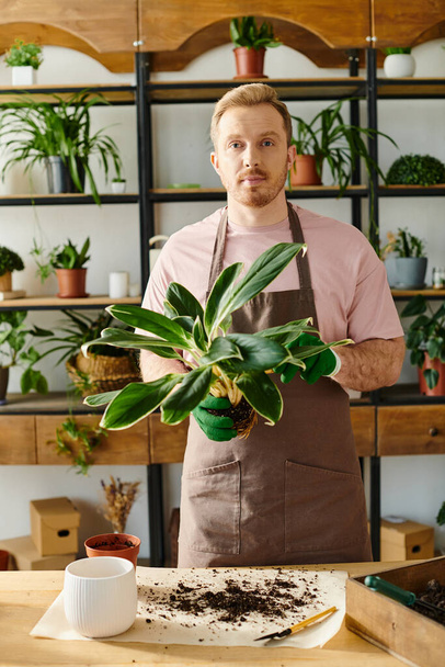 Un uomo tiene una pianta in vaso di fronte a un tavolo di legno in un piccolo negozio di piante, incarnando il proprio business e concetto fiorista. - Foto, immagini