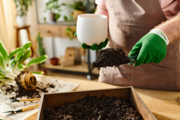 Ένα άτομο με πράσινα γάντια απαλά κρατά ένα φυτό σε ένα κουτί, ενσωματώνοντας τη φροντίδα και τη σύνδεση με τη φύση σε ένα μικρό επιχειρηματικό περιβάλλον. - Φωτογραφία, εικόνα