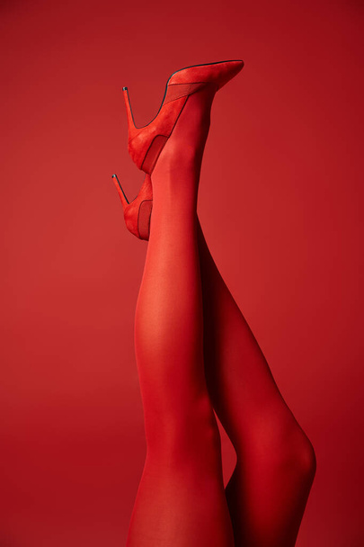 Μια νεαρή γυναίκα με πόδια ντυμένα με κόκκινο καλσόν σε ένα ζωηρό κόκκινο φόντο σε ένα σκηνικό στούντιο. - Φωτογραφία, εικόνα