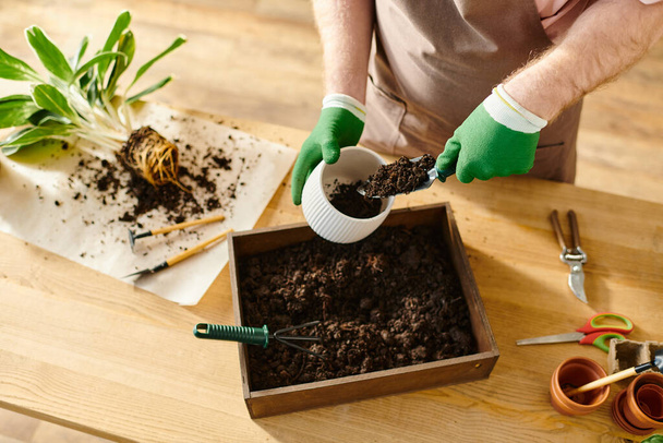 Yeşil eldivenli bir insan bir bitkiyi bir kutuda tutarken, özen, doğa ve işi benzersiz bir şekilde gösterir.. - Fotoğraf, Görsel