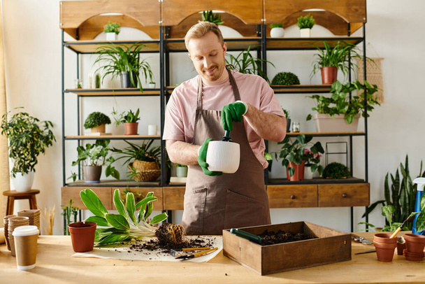 Um homem bonito em um avental derrama cuidadosamente água em uma planta envasada em uma loja de plantas, incorporando o conceito de crescimento estimulante. - Foto, Imagem