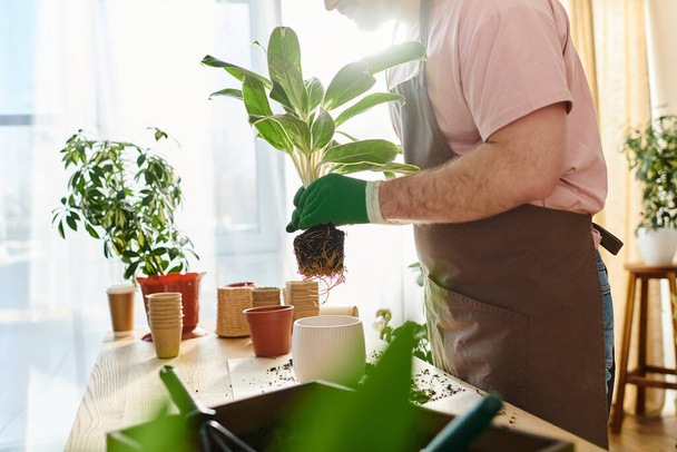 обрізаний чоловік в рожевій сорочці і зелені рукавички, що тримають горщик рослини в квітковому магазині, втілюючи суть відданого флориста. - Фото, зображення