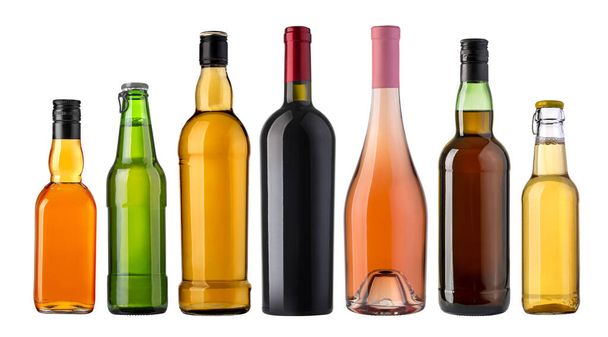 Set di bottiglie con diversi liquidi su sfondo trasparente. - Foto, immagini