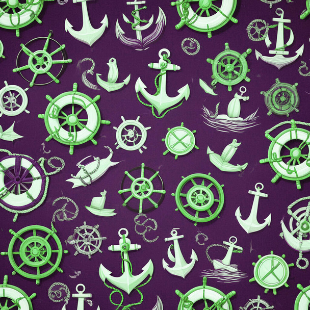 seamless pattern with anchor, steering wheel, anchor and steering wheel on green background. vector illustration. - Photo, Image
