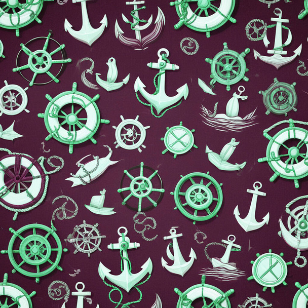 бесшовный рисунок с различными кораблями, якорем, рулем и рулем. векторная иллюстрация. - Фото, изображение