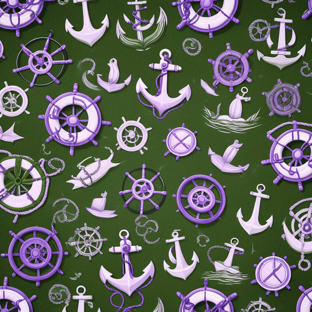 Muster mit Meer, Anker, Kompass, Rad. nahtloses Muster auf weißem Hintergrund. Meeresthema. - Foto, Bild