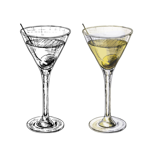 Martini cocktail oliivin kanssa. Vintage kaivertaa vektori väri kuva. Eristetty valkoisella pohjalla - Vektori, kuva