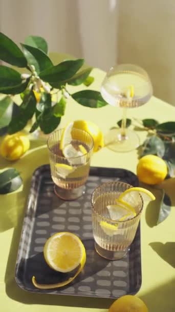 Copos com água e limão. Bebidas saudáveis refrescantes numa mesa decorada com limões e flores num dia ensolarado. Imagens 4K de alta qualidade - Filmagem, Vídeo